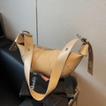 Beige croissant shoulder bag with pleated leather stitching and metallic buckle strap - Khaki