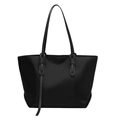 Minimalist black oxford tote bag with slim shoulder straps and vertical leather trim detail - Black
