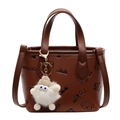 Brown leather crossbody bucket bag featuring cute cartoon illustrations and plush monster charm - No Pendant / Brown