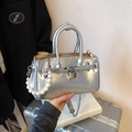 Silver metallic Kelly-style handbag featuring a pearl heart charm and classic padlock - Without Pendant / Silver
