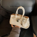 Elegant cream white large capacity leather handbag with pearl heart charm and lock detail - Without Pendant / Off White