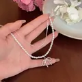 French style layered pearl necklace with silver bow pendant for elegant summer style - Double Layer Pearl Bow Necklace