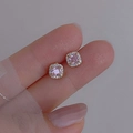 Elegant gold square pink zircon halo stud earrings for women with French chic style - Sugar Cube Style (EH881) / Pink