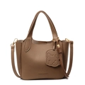 Brown lychee leather bucket bag with top handles, crossbody strap and dog charm - Khaki
