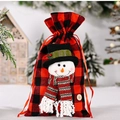 Christmas snowman gift bag with red and black buffalo plaid pattern and drawstring - Snowman