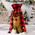 Christmas buffalo plaid gift bag with 3D plush reindeer and festive drawstring detail - Elk