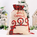 Christmas burlap gift bag with red plaid drawstring and reindeer pattern - Red and Black Plaid Reindeer Applique Gift Bag