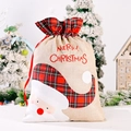 Red plaid Christmas drawstring gift bag with Santa Claus applique and embroidery - Red and Black Plaid Santa Applique Gift Bag