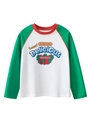 Kinder t-shirt met lange raglanmouwen met aardbeienprint en de tekst delicious - 120cm / Off-white/Fruitgroen