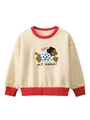 Beige kids crewneck fleece sweatshirt with red ribbed edges and cute puppy embroidery - Beige Apricot / 90cm