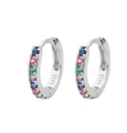 Detail view of S925 sterling silver hoop earrings with vibrant multi-color zircon stones - Silver Colorful Zirconia-6mm