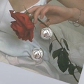 Polished silver spherical earrings held with a red rose for a vintage aesthetic style - Mirror Large Spherical Silver (DD-TE317-silver)
