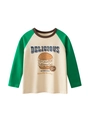 Kids long sleeve raglan tee featuring a green burger print and Delicious typography - 90cm / Apricot/Fruit Green