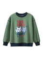 Green fleece sweatshirt for kids featuring a cartoon cat print and ribbed contrast cuffs - 120cm / Mugwort Green