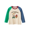 Kids long sleeve cotton T-shirt featuring cartoon dog and colorful raglan sleeves - 90 / Beige/Blue/Green