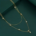 Detail of double-layer gold necklace featuring lucky four-leaf clover and zircon accents - Gold Double Layer Clover Necklace (DD-TN76-gold)