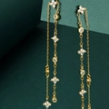 Detailed close-up of golden tassel earrings with sparkling four-leaf clover zircon stones - Gold Four-Leaf Flower Zirconia Tassel Earrings (J-E999-gold)
