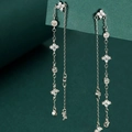 Elegant long tassel earrings with clover motif and zircons on deep green background - Silver Four-Leaf Flower Zirconia Tassel Earrings (J-E999-silver)