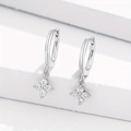 Close-up of silver four-leaf clover earrings with cubic zirconia stones on white steps - Silver Clover Drop Hoop Earrings (AE01E00003-YS4)