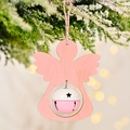 Pink wooden angel Christmas ornament with metal bell on snowy pine branches - Wooden Bell Pendant Angel