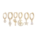 Detailed set of six gold-plated earrings with celestial charms and zircon inlays - Rocket Star Moon Saturn Pendant Set (S-E1618)