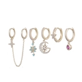 Detail of six gold earrings set featuring star, moon, and blue snowflake pendants - Blue Snowflake Star Moon Pendant Set (S-E1614)