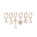Set of six gold drop earrings with pearls, coins, and star pendants on white background - Queen Portrait Star Artificial Pearl Pendant (S-E1616)