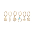 Detail of 6-piece gold earring set with sun, moon, star, feather and coin pendants - Compass Feather Bohemian Earring Set (S-E1639) / Gold