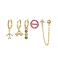 Five-piece gold earring set with zircon charms including airplane and car shapes - Airplane Car Playful Earring Set (S-E1703) / Gold