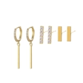 Three-pair gold earring set with cubic zirconia dangles and polished rectangular studs - Minimalist Bar Geometric Earring Set (S-E1704) / Gold