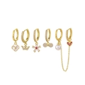 Detail of 6-piece gold earring set with white enamel, pearls, and red gemstones - Four Leaf Clover Bow Pearl Earring Set (S-E1706) / Gold