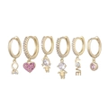 Detailed set of 6 gold lever-back earrings with pink zircon hearts and love charms - Pink Heart Letter Earring Set (S-E1640) / Gold