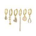 Detailed set of six gold-plated dangle earrings with zircon crystals and drop charms - Water Drop Arrow Heart Earring Set (S-E1716) / Gold