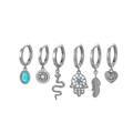 Detail of silver hoop earrings set with star, moon, turquoise and hamsa charms - 6-Piece Bohemian Snake Feather Earring Collection(S-E1726) / Silver