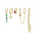 Detail view of gold celestial earring set with star charms and colorful crystals - Bohemian Square Diamond Earring Set (S-E1718) / Gold