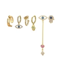 Close-up of 6-piece gold earring set with Evil Eye and Hamsa Hand charms and colorful zircons - 6-Piece Hamsa Hand Evil Eye Earring Collection(S-E1729) / Gold