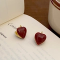 Orecchini a cuore vintage in smalto rosso vino con elegante bordo dorato - Borgogna