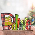 Christmas wooden Believe ornament with red buffalo plaid pattern and wood base - Plaid Style (Believe)