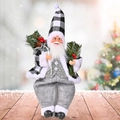 Sitting Santa figurine in grey fleece and black white plaid outfit with pine cone bag - Gray Sitting Style