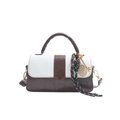 Vintage style brown and white contrast leather handbag with braided charm and key pendant - Coffee and White (No Charm)