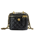 Mini black quilted vanity bucket bag with gold flower logo and chain strap - Black Small
