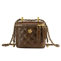 Brown quilted mini bucket bag with gold camellia logo and leather chain strap - Coffee Small