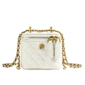 Mini white quilted bucket bag with golden camellia flower and chain strap - Beige White Small