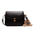 Retro dark brown leather crossbody bag with golden buckle and cute lion plush charm - With Pendant / Coffee