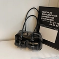 Glossy black PU shoulder bag with dual flap pockets and white contrast stitching detail - No Pendant / Black