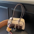 Retro cream and brown contrast pillow bag with dual front pockets and bear charm - No Pendant / Cream White with Coffee