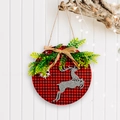 Insegna natalizia in legno con quadri rossi e neri e renna di paillettes argentate - Targa Porta Plaid Renna