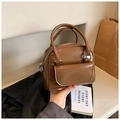 Minimalist vintage brown patent leather handbag with dual handles and shoulder strap - Brown