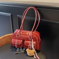 Red faux leather pillow bag with contrast stitching and dual front buckle pockets - No Pendant / Burgundy