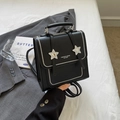 Chic black mini backpack with silver star buckles and pearl trim in matte leather - Without Pendant / Black